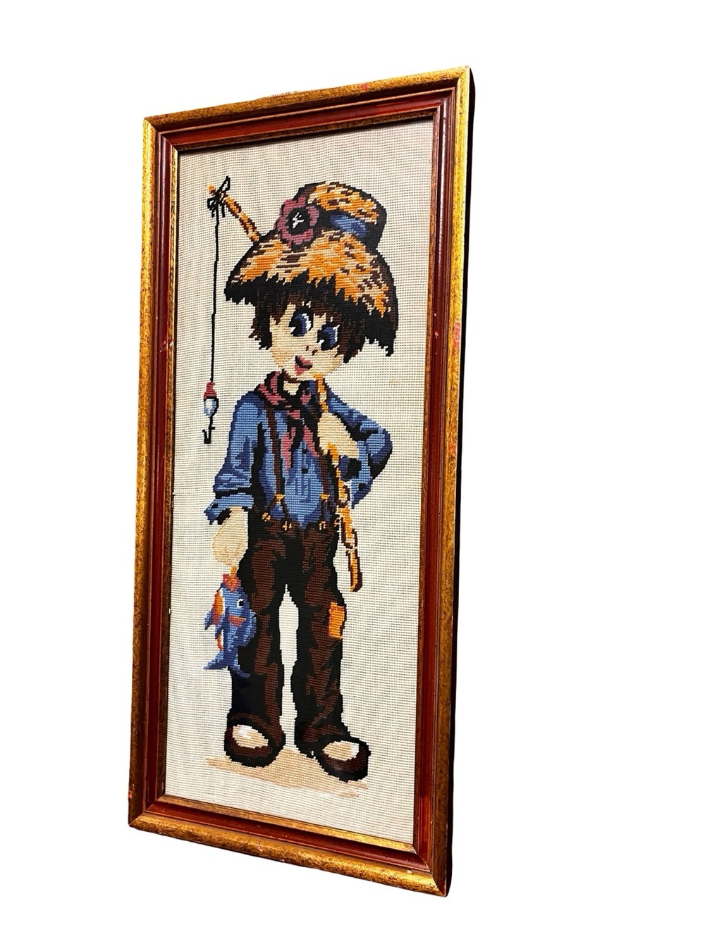 Vtg DMC Nouvelle Tapisserie Big Eye Boy Wool Needlepoint Dorm Fishing Cottage